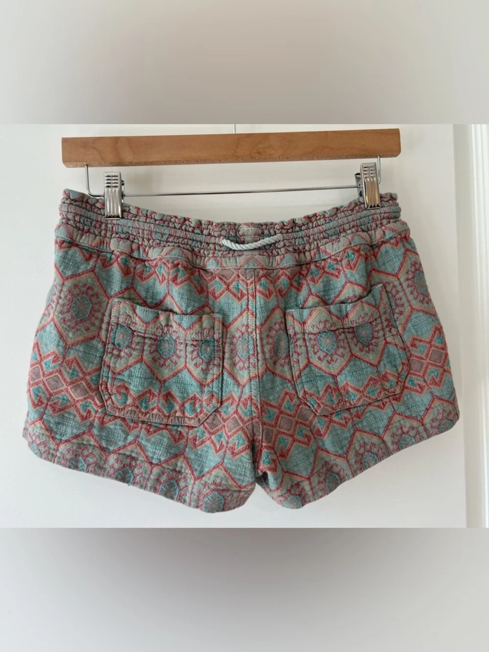 Roxy Teal & Coral Patterned Pull On Drawstring Shorts Boho Tribal Coastal Beach